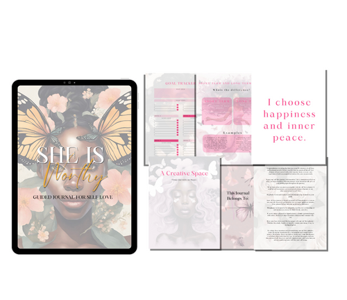 She is worthy guided journal for self-love with a butterfly design on a white background. SELF HELP BOOK
GUIDED SELF LOVE JOURNAL