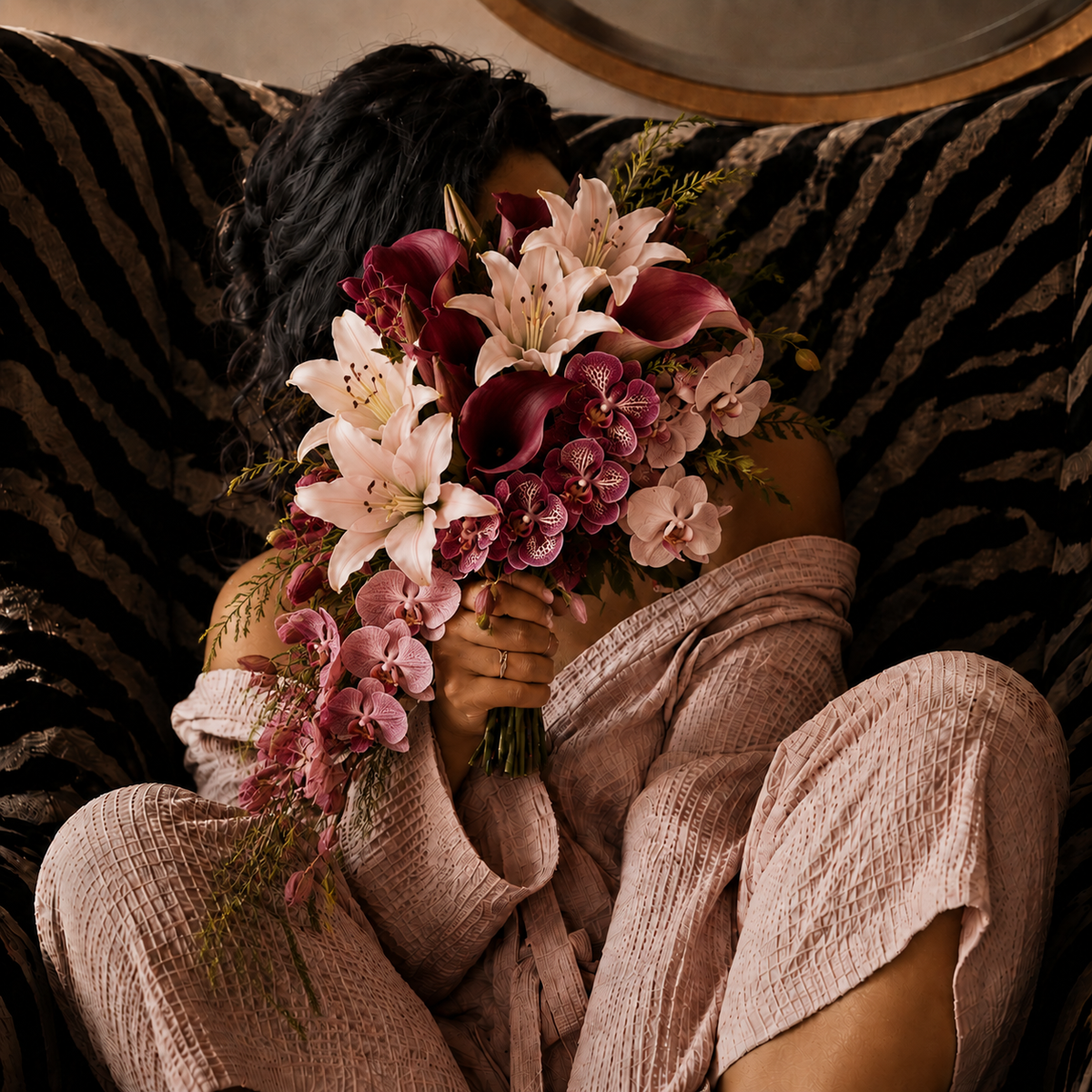 Woman in a blush waffle-knit robe journaling during her morning routine