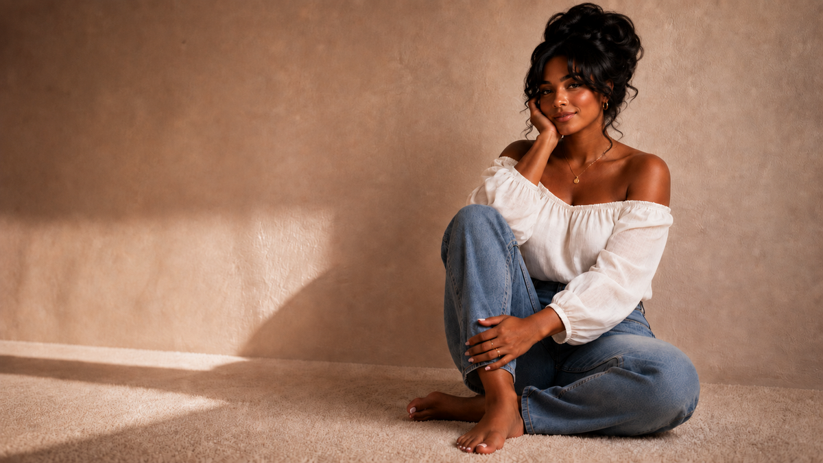 Confident woman in a warm editorial studio
